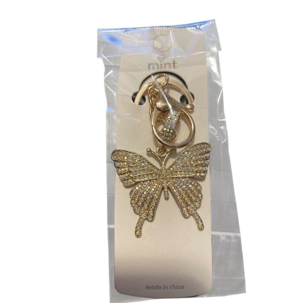 Mint Brand Butterfly Keychain Purse Charm Clear Rhinestones Gold Tone Metal